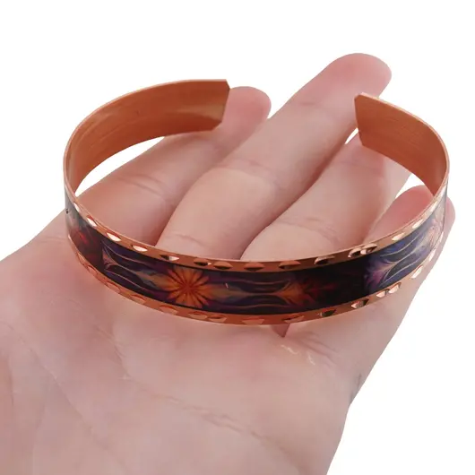 Bratara reglabila din cupru cu model floral colorat si margini texturate, imagine 4