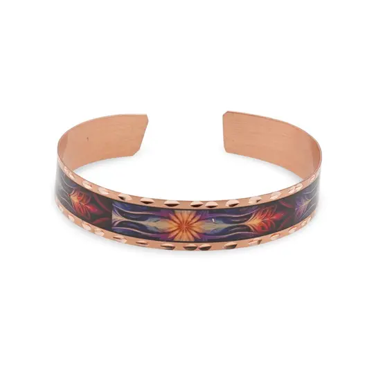 Bratara reglabila din cupru cu model floral colorat si margini texturate