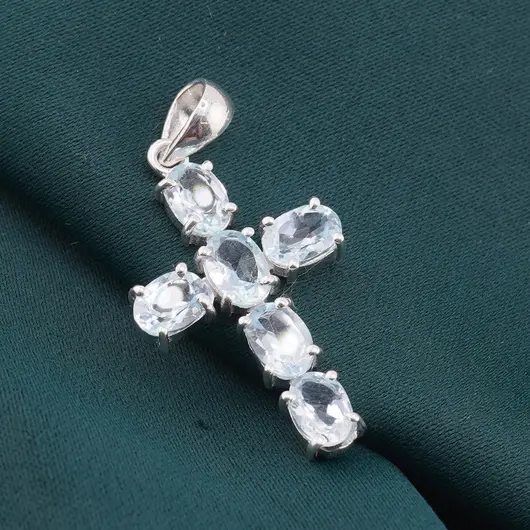 Pandantiv din argint 925 cruce cu cristale incrustate Topaz, 40mm, imagine 3