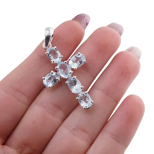 Pandantiv din argint 925 cruce cu cristale incrustate Topaz, 40mm, imagine 4