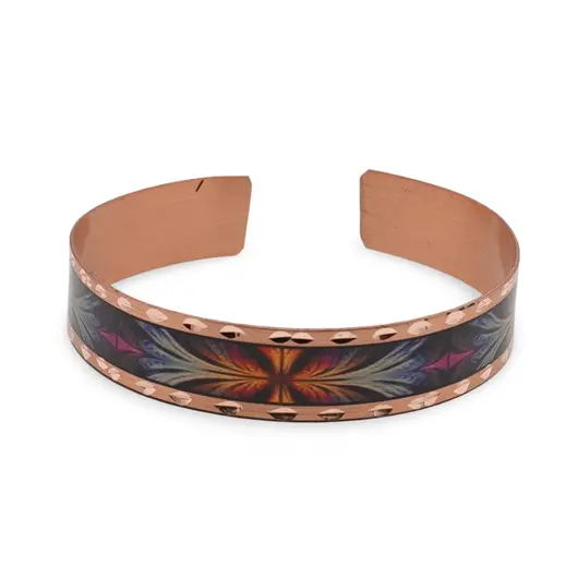 Bratara reglabila din cupru cu design floral multicolor si margini texturate