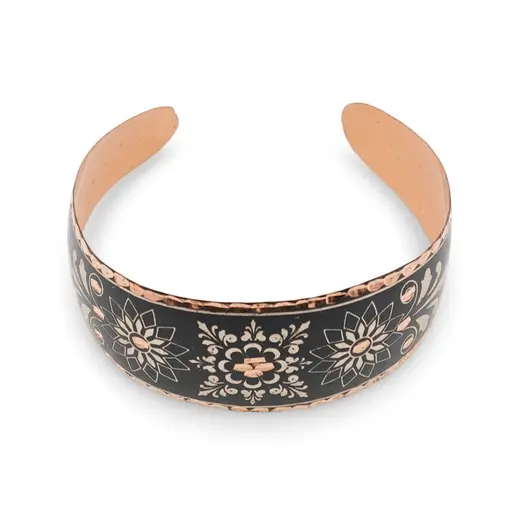 Bratara reglabila lata din cupru cu design floral pe fond negru, imagine 2