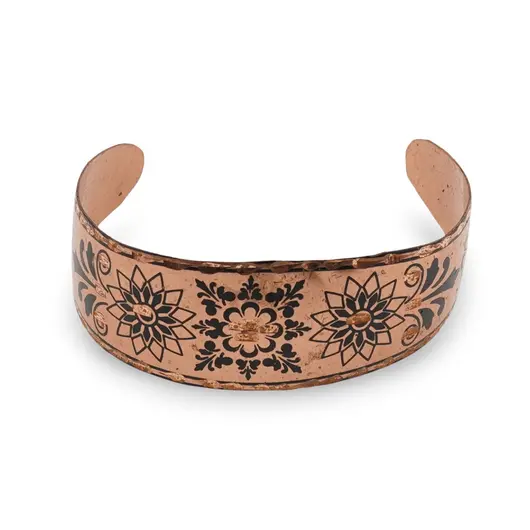 Bratara reglabila lata din cupru motive florale negre pe fond natur, margini texturate, imagine 2