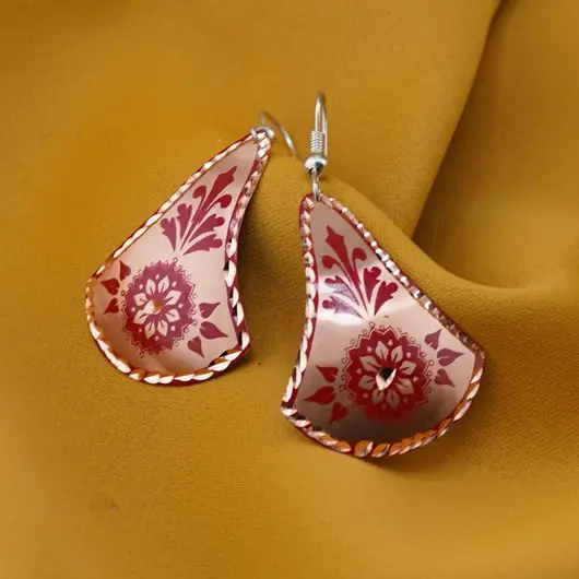 Cercei din cupru clopot, model mandala si flori rosii, imagine 2