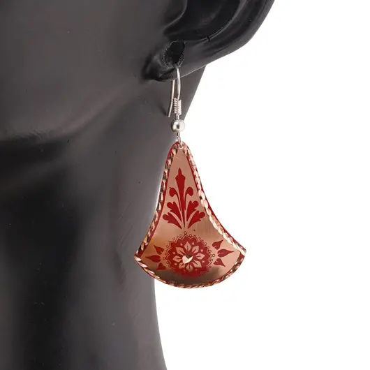 Cercei din cupru clopot, model mandala si flori rosii, imagine 3