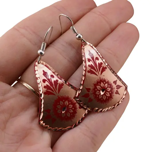 Cercei din cupru clopot, model mandala si flori rosii, imagine 4