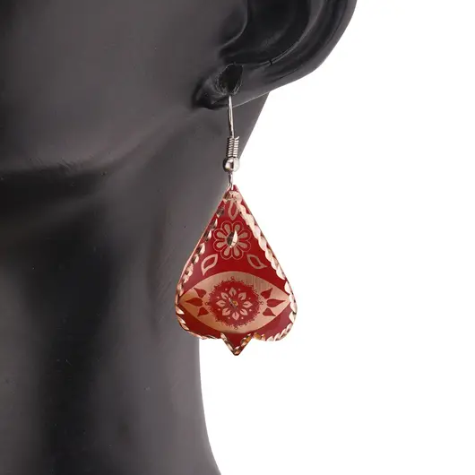 Cercei din cupru forma frunza, model mandala si flori rosii, imagine 3