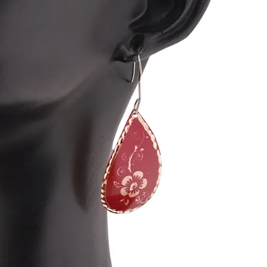 Cercei din cupru lacrima, model floare ornament rosie, imagine 3