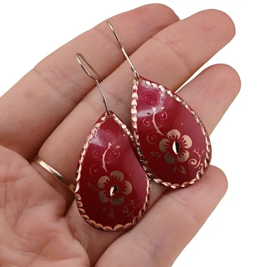 Cercei din cupru lacrima, model floare ornament rosie, imagine 4