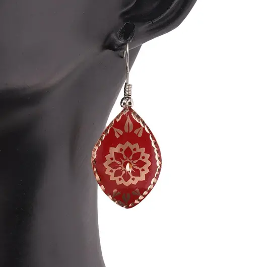 Cercei din cupru migdalati, model mandala florala pe fundal rosu, imagine 3