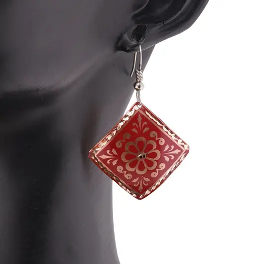 Cercei din cupru patrati, model floare ornamentala rosie, imagine 3