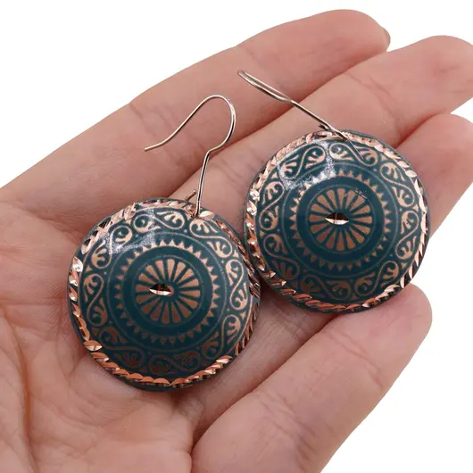 Cercei din cupru rotunzi, model floare ornamentala turcoaz, imagine 3