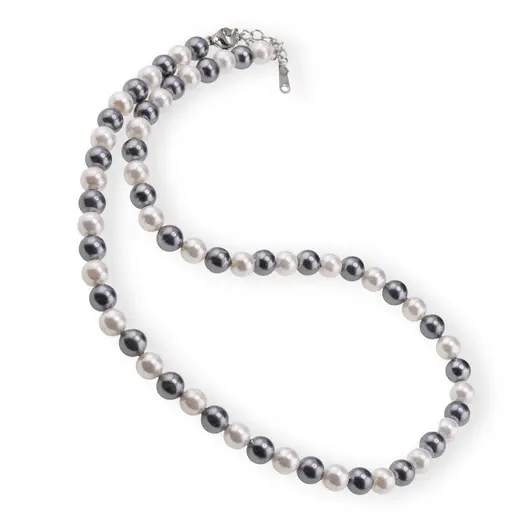 Colier Perle de Mallorca gri si albe, sfere 6mm