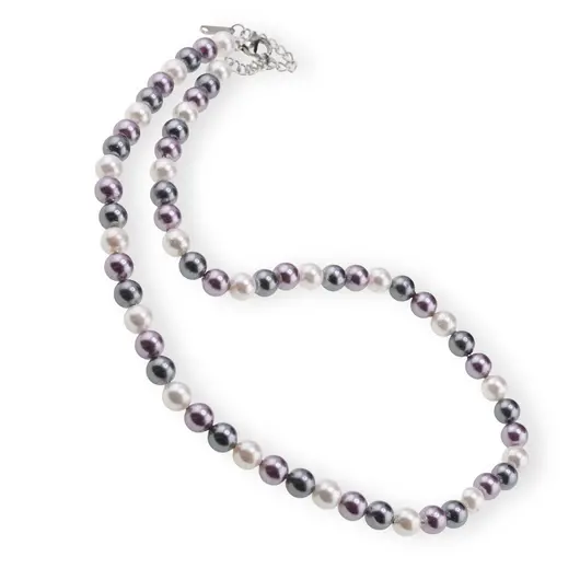 Colier Perle de Mallorca negre, violet si albe, sfere 6mm