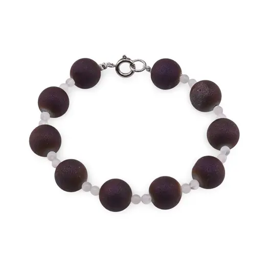 Bratara Agat druzy electroplacat mov sfere 10mm si Piatra Lunii sfere 3mm
