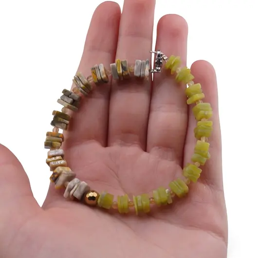 Bratara Jad olive si Jasp Bumblebee patratele 6-7mm cu sfere de Citrin 3mm si Hematit auriu 6mm, imagine 3
