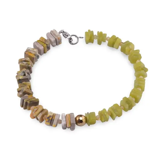 Bratara Jad olive si Jasp Bumblebee patratele 6-7mm cu sfere de Citrin 3mm si Hematit auriu 6mm