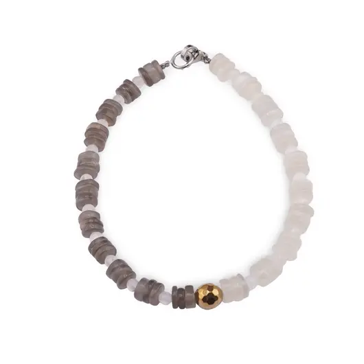 Bratara Piatra lunii gri si Piatra Lunii alba rondele 5-6mm si sfere 3mm cu Hematit auriu 6mm