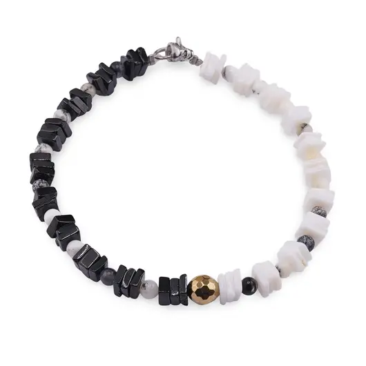 Bratara Turmalina neagra si Opal alb patratele 4-5mm cu sfere de Opal dendritic 4mm si Hematit auriu 6mm
