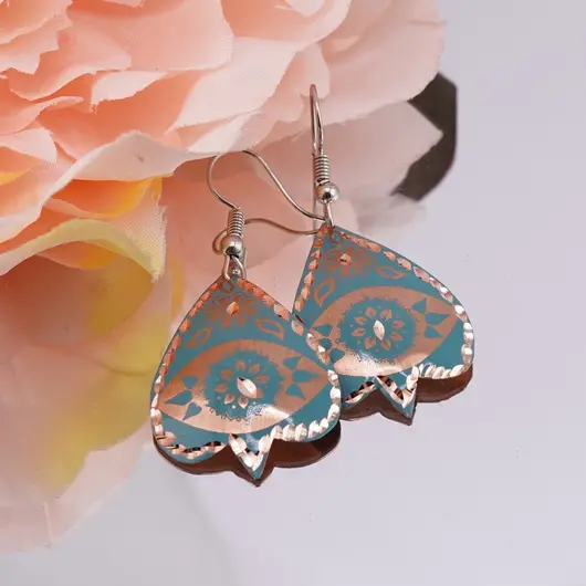 Cercei din cupru forma frunza, model mandala si flori bleu, imagine 2