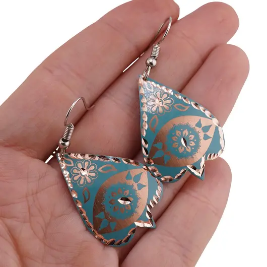 Cercei din cupru forma frunza, model mandala si flori bleu, imagine 3