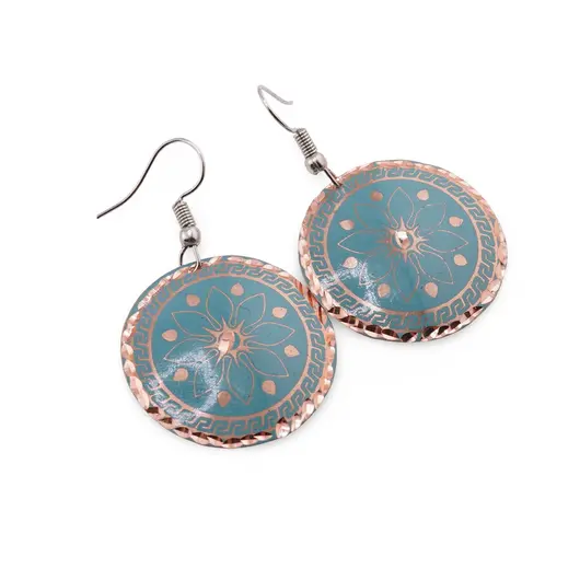 Cercei din cupru rotunzi, model floare stelata bleu
