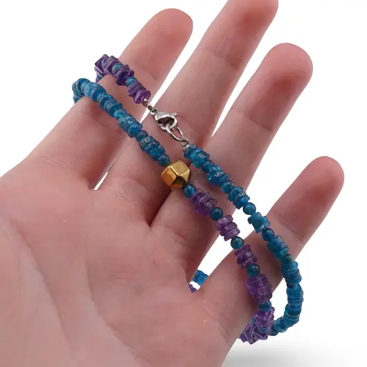 Colier Apatit rondele si sfere 3-4mm si Ametist patratele 4-5mm cu element din Hematit auriu 7mm, imagine 3