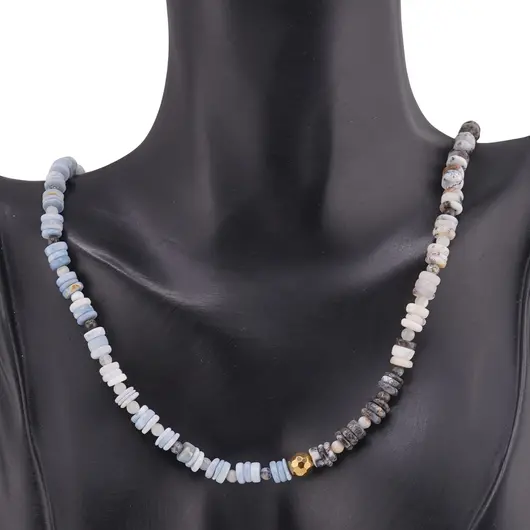 Colier Opal albastru si Opal dendritic rondele 5-6mm si sfere 3-4mm cu Hematit auriu 6mm, imagine 2