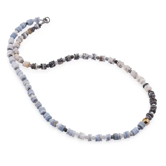Colier Opal albastru si Opal dendritic rondele 5-6mm si sfere 3-4mm cu Hematit auriu 6mm