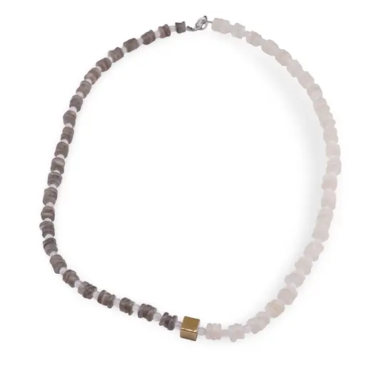 Colier Piatra Lunii alba sfere si rondele 3-6mm, Piatra Lunii gri rondele 5-6mm si cub din Hematit auriu 6mm