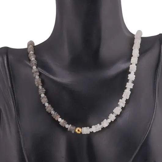 Colier Piatra lunii gri si Piatra Lunii alba rondele 5-6mm si sfere 3mm cu Hematit auriu 6mm, imagine 2