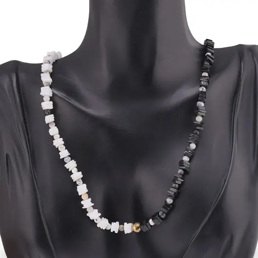 Colier Turmalina neagra si Opal alb patratele 4-5mm cu sfere de Opal dendritic 4mm si Hematit auriu 6mm, imagine 2