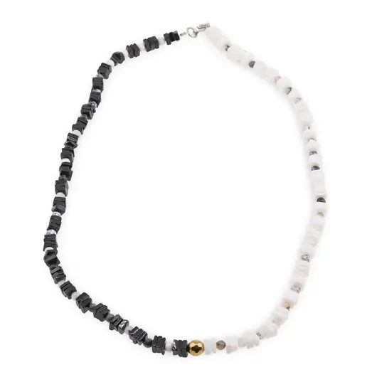 Colier Turmalina neagra si Opal alb patratele 4-5mm cu sfere de Opal dendritic 4mm si Hematit auriu 6mm