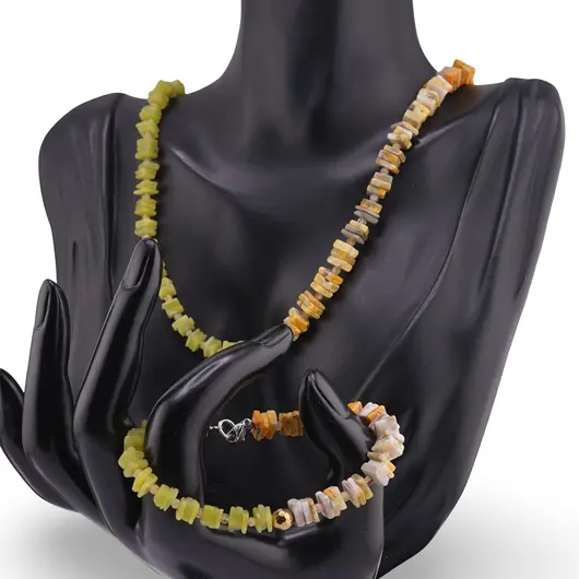 Set colier si bratara Jad olive si Jasp Bumblebee patratele 6-7mm cu sfere de Citrin 3mm si Hematit auriu 6mm, imagine 2