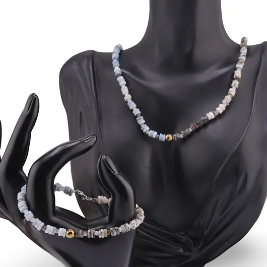 Set colier si bratara Opal albastru si Opal dendritic rondele 5-6mm si sfere 3-4mm cu Hematit auriu 6mm, imagine 2