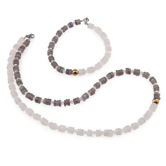 Set colier si bratara Piatra lunii gri si Piatra Lunii alba rondele 5-6mm si sfere 3mm cu Hematit auriu 6mm