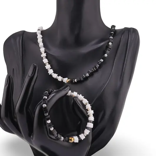 Set colier si bratara Turmalina neagra si Opal alb patratele 4-5mm cu sfere de Opal dendritic 4mm si Hematit auriu 6mm, imagine 2
