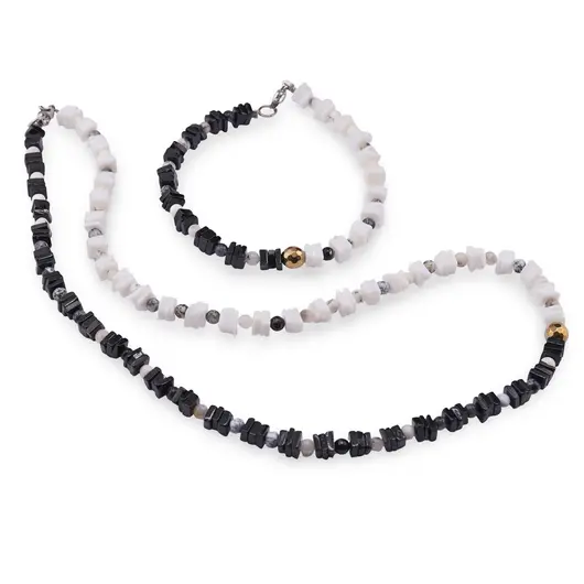 Set colier si bratara Turmalina neagra si Opal alb patratele 4-5mm cu sfere de Opal dendritic 4mm si Hematit auriu 6mm