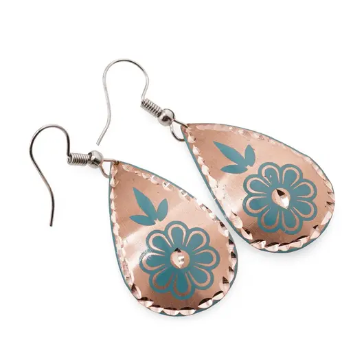 Cercei din cupru lacrima, model floare bleu