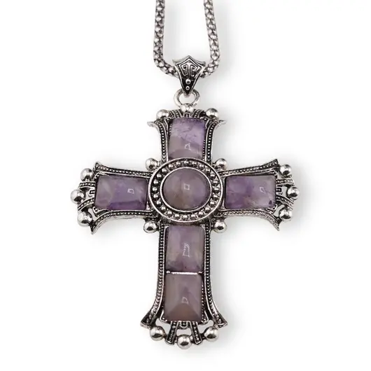 Colier cu pandantiv argintiu cruce din Ametist, 8cm