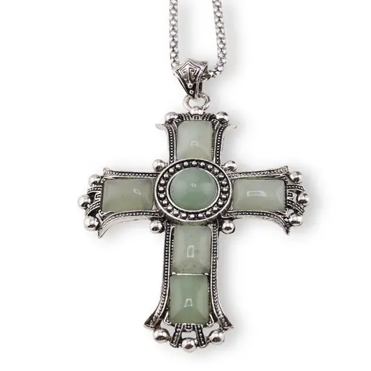 Colier cu pandantiv argintiu cruce din Aventurin, 8cm