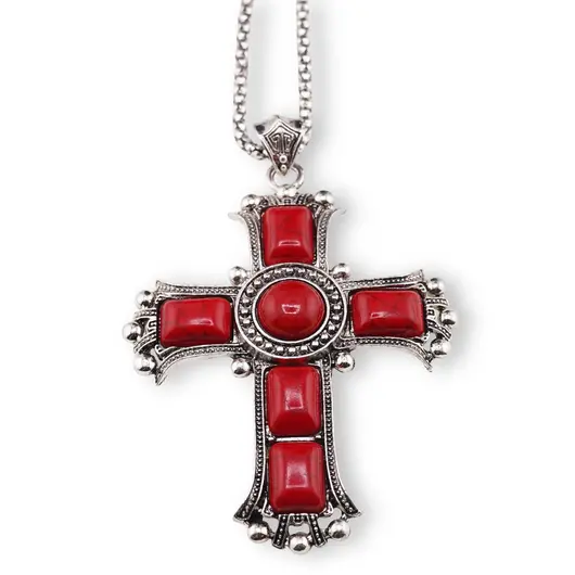 Colier cu pandantiv argintiu cruce din Coral rosu, 8cm