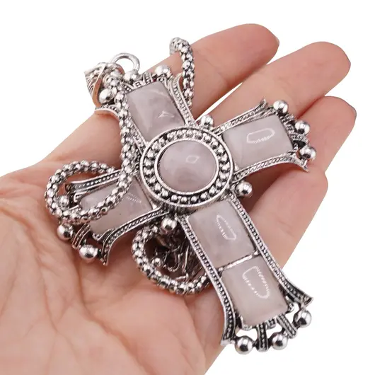 Colier cu pandantiv argintiu cruce din Cuart roz, 8cm, imagine 3