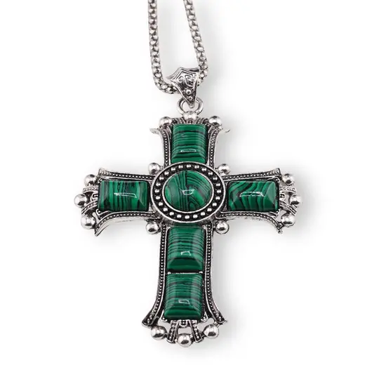 Colier cu pandantiv argintiu cruce din Malachit, 8cm