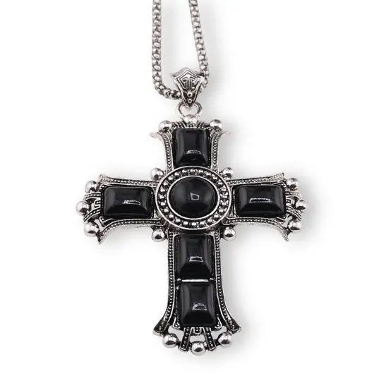 Colier cu pandantiv argintiu cruce din Onix, 8cm
