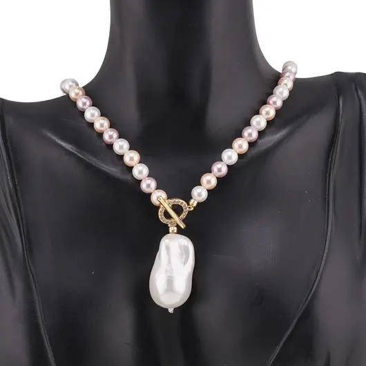 Colier Perle de Mallorca albe, roz si crem 6mm cu pandantiv, imagine 2