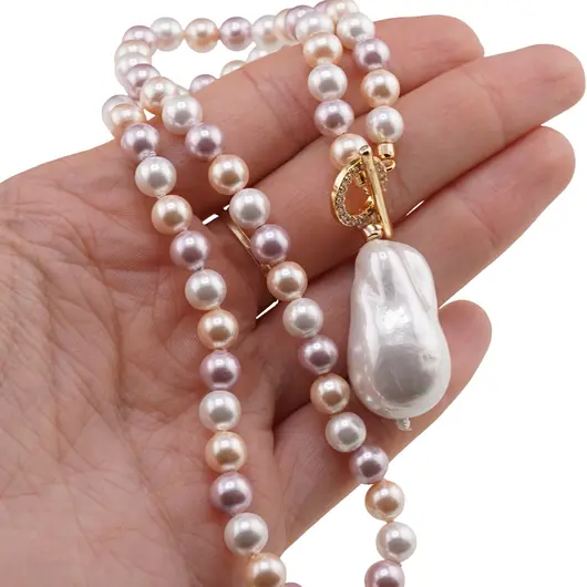 Colier Perle de Mallorca albe, roz si crem 6mm cu pandantiv, imagine 3