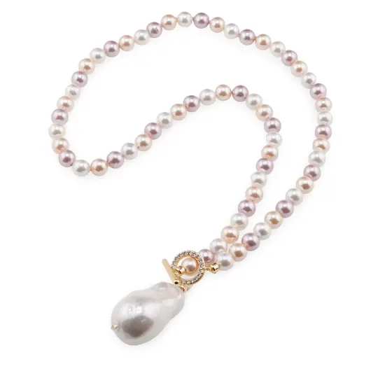 Colier Perle de Mallorca albe, roz si crem 6mm cu pandantiv