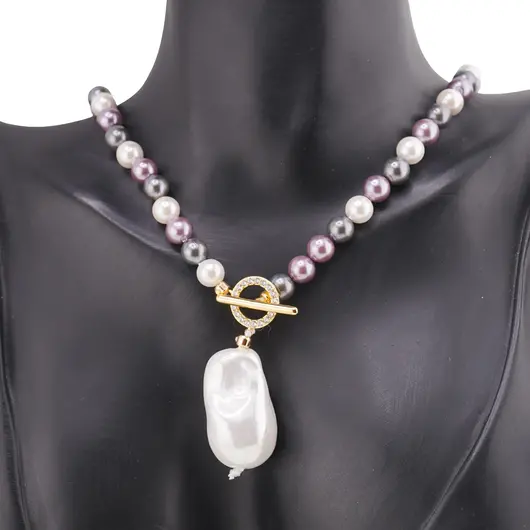 Colier Perle de Mallorca negre, violet si albe 6mm cu pandantiv, imagine 2