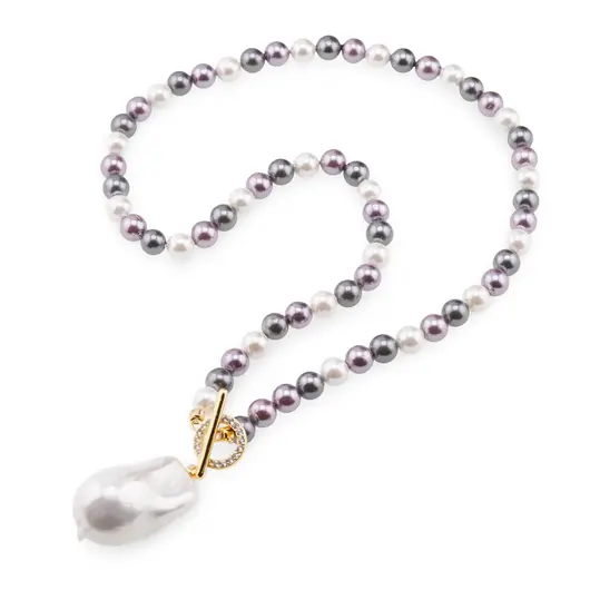 Colier Perle de Mallorca negre, violet si albe 6mm cu pandantiv